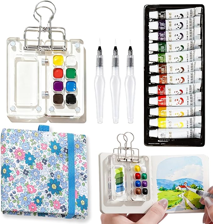 Mini Portable Watercolor Palette Set-Grid Paint Box with Binder Clips Include 12 Colors Paint - Brush*3 and Picture Album Art Materials Coloring Markers for Travel, Creative Drawing Kit for Beginners and Art Enthusiasts((Blue Acrylic-S)