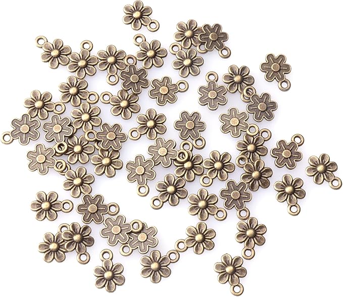 Ruwado 50 Pcs Little Flowers Charms Metal Vintage Cute Vintage Small Flower Pendants for Jewelry Making Kit Bracelet Necklace DIY Making Crafting Project Accessories Supplies (Bronze)