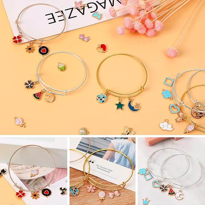 UPINS 30Pcs Silver Expandable Blank Bracelets Adjustable Wire Bangles with 100Pcs Tibetan Silver Charms, 200Pcs Open Jump Rings for Jewelry Making (Multicolor)