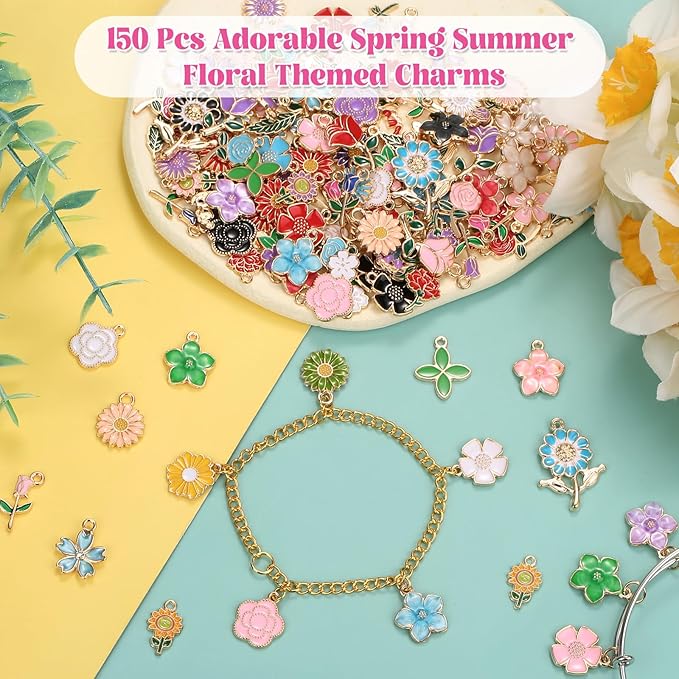 Mckanti 150Pcs 75 Pairs Spring Flower Charms for Jewelry Making and Bracelets, Wholesale Floral Assorted Enamel Mixed Bulk Metal Charms for DIY Necklace Bracelet Earring Jewelry Making and Crafting