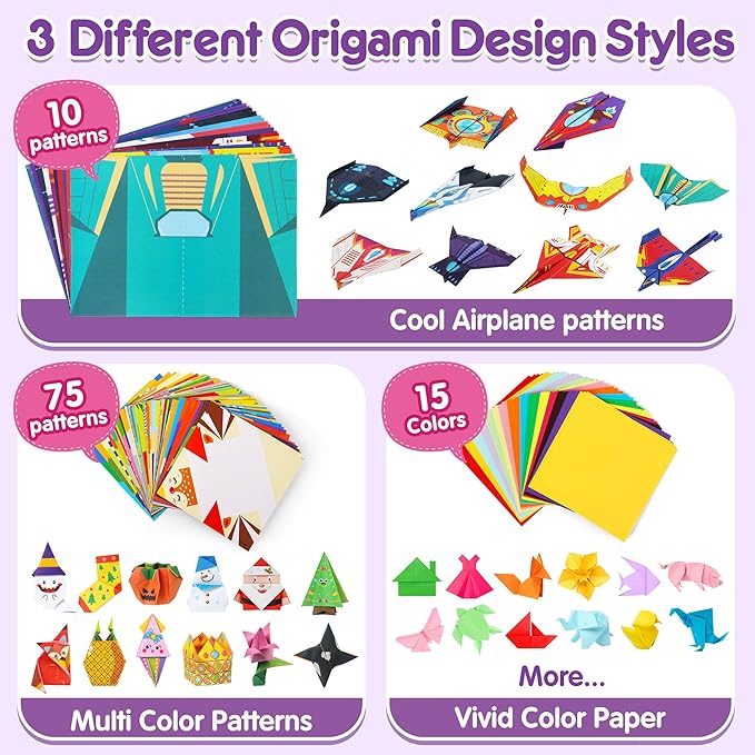 Mocoosy 320 Sheets Origami Kit for Kids Ages 5-8 9-12, Paper Airplane Kit, Folding Paper Set with Origami Book, Art & Craft for Boys Girls, Travel Game Airplane Car Road Trip Activity Toy Easter Gifts