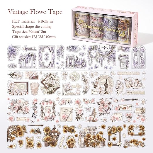 4 Rolls Pre-Cut pet Flower Tape Stickers Flower Vintage Stickers Decorative Tape Aesthetic Stickers for Journaling, Scrapbook Supplies