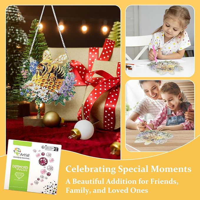 Lxmsja DIY Elegant Bee Diamond Painting Hanging Ornament, Double-Sided Acrylic Honeycomb Diamond Art Kit, Special Shaped Suncatcher Hanging Pendant Window Art Kit