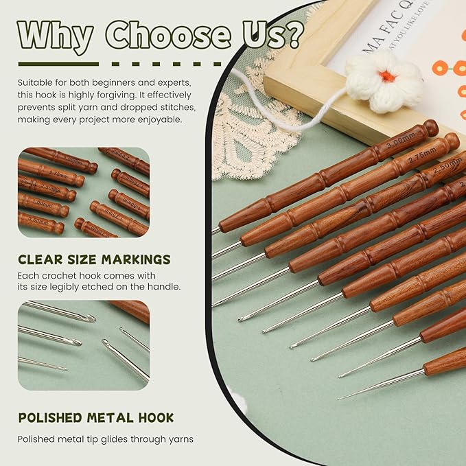 Wuadua 1/1.25/1.5/1.75mm Crochet Hook Set, 4Pcs Ergonomic Crochet Hooks with Wooden Handle, Crochet Needle for Arthritic, Ideal for Lace Thread, Perfect for Miniature Delicate Items