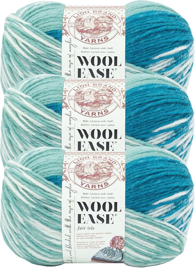 Lion Brand Yarn Wool Ease Fair Isle, Yarn for Knitting, Light Aqua/Turquoise, 3 Pack