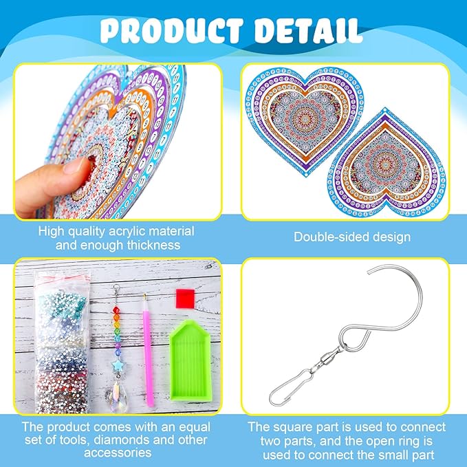 Queekay 2 Pieces 3D Diamond Painting Wind Chime Diamond Art Suncatcher Kits Three Dimensional by Number Hanging Ornament Double Sided Crystal Suncatcher Window Decor for Home Wall Garden(Heart)