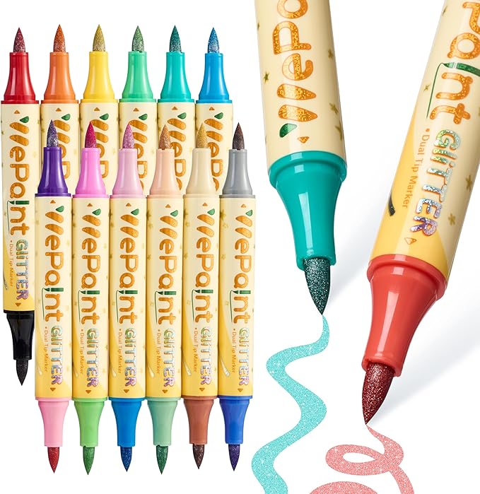 WePaint 24 Colors Glitter Brush Marker Pens, Glitter Pens Set 12 Pack Sparkle Pens Metallic Marker for Adults DIY Crafts, Writing, Card Making, Scrapbooking, Coloring Books, Art Supplies