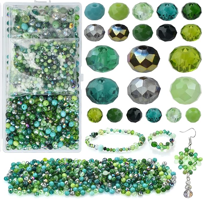 Briolette Crystal Glass Beads for Jewelry Making,1000pcs 4/6/8mm Faceted Rondelle Green Beads Assorted Round Shaped Spacer Bead for DIY Crafts Bracelets