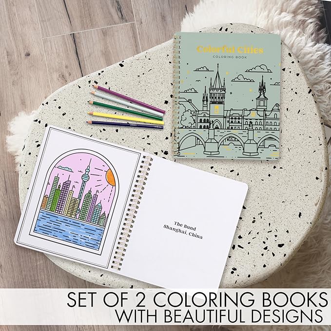 Beautiful Adult Coloring Book Set of 2 for Relaxation - Inspirational Adventures and Landmarks Scenery for the Spirit of Wanderlust - Perfect Stress-Relieving Gift for Women (Journeys & Cities, 2)