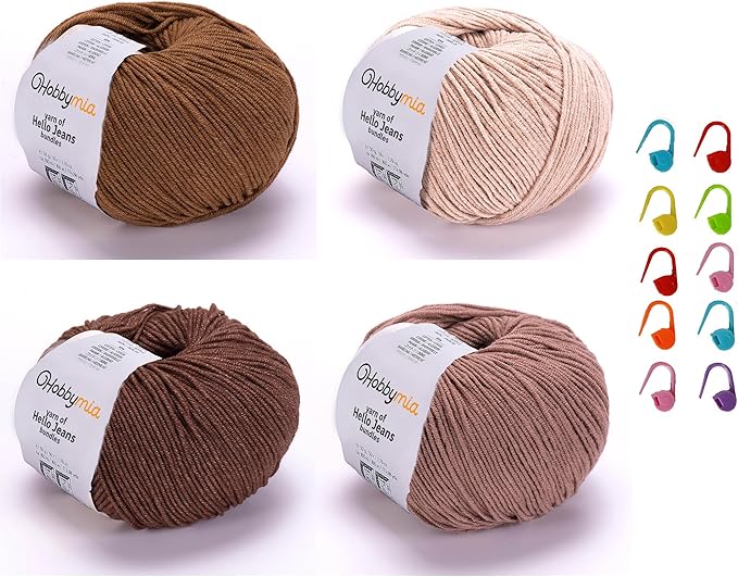 Cotton Yarn Kit - 4 Multicolor Balls Soft Sport Weight Yarn for Crochet & Amigurumi - 50g / 175yds Each & 10 Stitch Markers (H03 - Coffee)