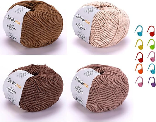 Cotton Yarn Kit - 4 Multicolor Balls Soft Sport Weight Yarn for Crochet & Amigurumi - 50g / 175yds Each & 10 Stitch Markers (H03 - Coffee)