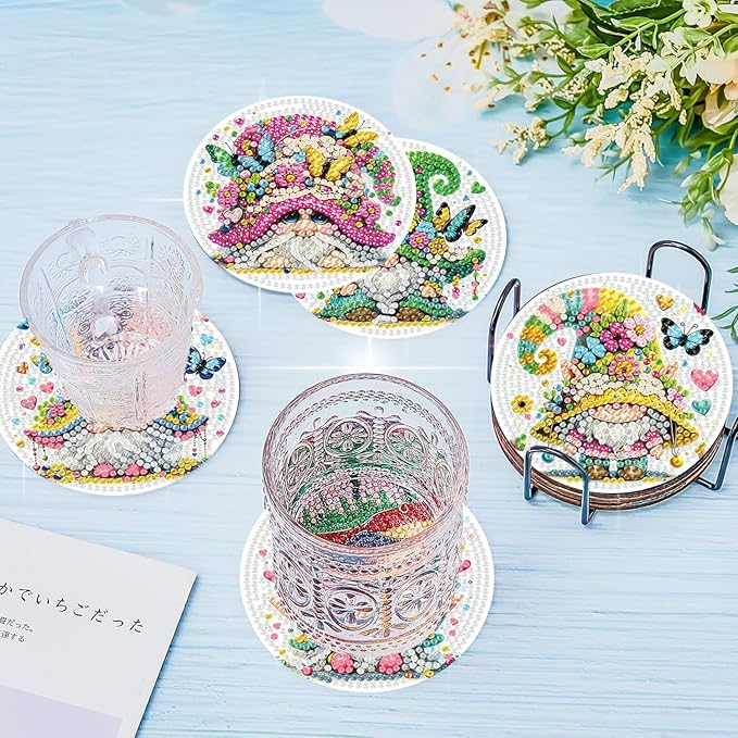igoodom 8 Pcs Gnome Diamond Art Coasters Kit with Holder, DIY Gnome Diamond Painting Coasters for Beginners Adults, Non Slip Diamond Art Kits Craft Supplies 4x4inch