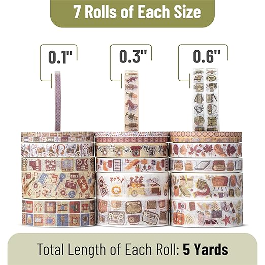 Mr. Pen- Washi Tape Set, 21 Rolls, Assorted Sizes, Nostalgic Theme, Washi Tape for Journaling