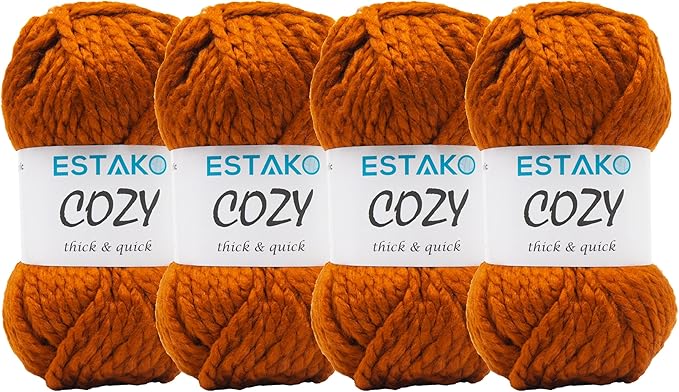 Estako Cozy Thick & Quick Yarn (4 Skeins Pack) 20% Wool 80% Acrylic Soft Super Bulky Weight #6 Knitting and Crocheting Yarn (4 x 3.52 Oz) / (4 x 65 Yrds) (52099-Dark Orange)
