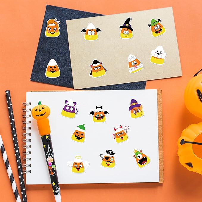 beyumi halloween candy corn stickers - 1000pcs cute cartoon halloween character stickers in 2 rolls with funny expression waterproof vinyl decal for party school classroom envelope gift decor