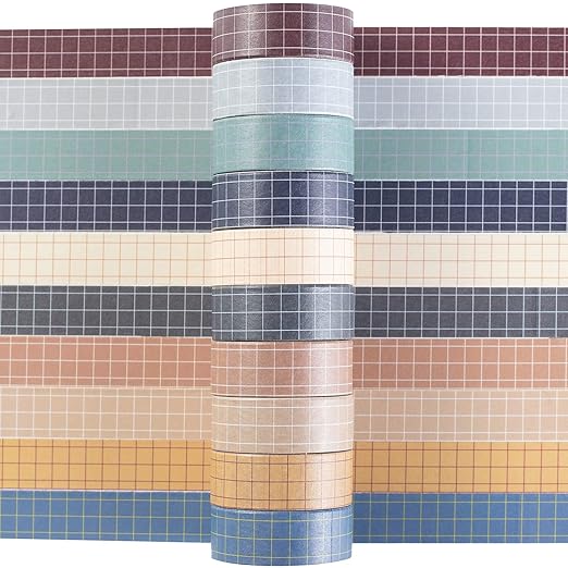 Grid Washi Tape Set 10 Rolls Plaid Decorative Tapes for Journals, Planners, Scrapbooking, Gift Wrapping, DIY Crafts (Fog City)