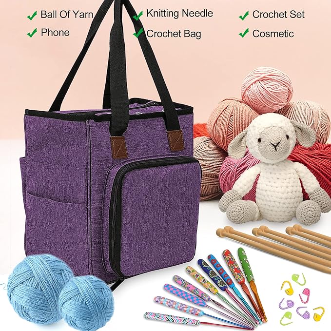 Coopay Yarn Bag Knitting Tote Bag, Portable Yarn Tote Organizer Sewing Basket for Crochet Hook Set, Knitting Needles, Crocheting Project, Skein and Sewing Supplies - No Accessories(Elegant Purple)