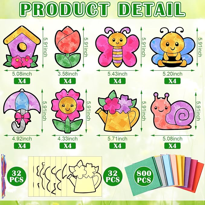 Motipuns 32 Pcs Spring Easter Suncatcher Craft Kit for Adults, Cute Spring Animals Flowers DIY Window Stain Glass Effect Paper Ornaments for VBS Sunday School Art Activities
