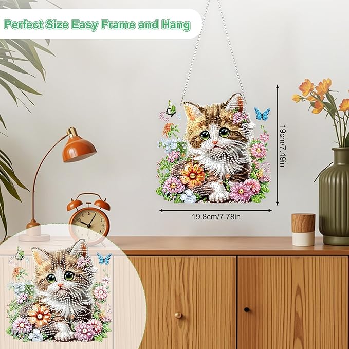 TOSTOG Beautiful Tabby Cat Diamond Art Pendant Kits for Adult, Diamond Painting Hanging Kit for Beginners, 5D DIY Crafts Gem Art, Waterproof Full Accessories for Home Decor Idea 20 * 20 cm/8 * 8 in
