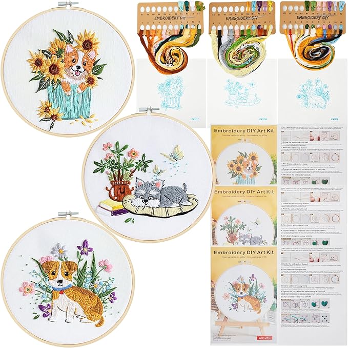 useamie 3 pack embroidery kit, diy cross stitch starter set, includes 3 embroidery patterns, embroidery hoop, printed embroidery fabric, needles,perfect for art supplies for home decoration and gift