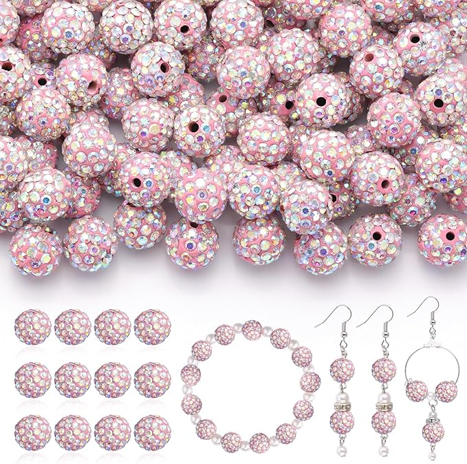 120pcs 10mm rhinestone beads for jewelry making, pink ab shiny round shamballa disco ball beads bulk, sparkle crystal clay christmas for bracelet baseball necklace earring crafting and diy