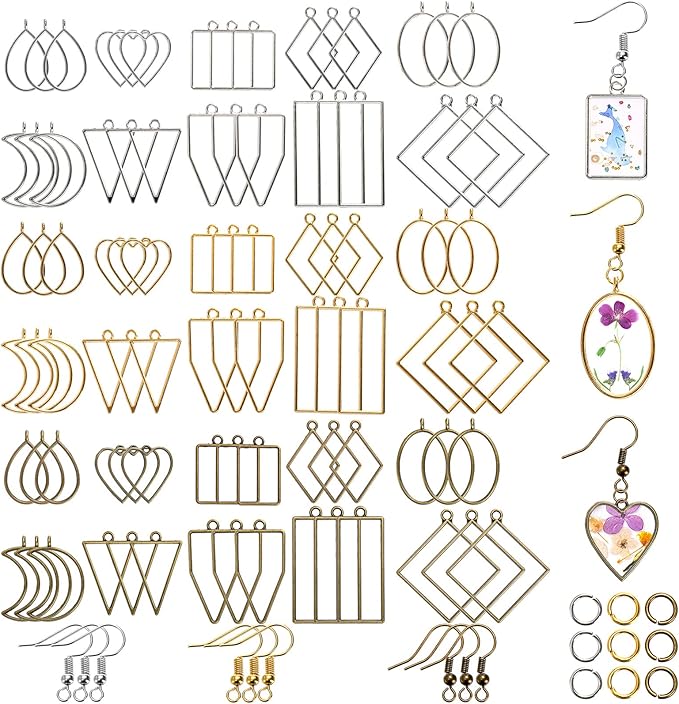 Suwimut 270 Pieces Open Bezel Pendants for Resin, 12 Styles Open Frame Pendant Assorted Geometric Hollow Mold Metal Resin Jewelry Molds for Earrings, Necklace, Pressed Flower, DIY Crafts