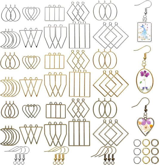Suwimut 270 Pieces Open Bezel Pendants for Resin, 12 Styles Open Frame Pendant Assorted Geometric Hollow Mold Metal Resin Jewelry Molds for Earrings, Necklace, Pressed Flower, DIY Crafts