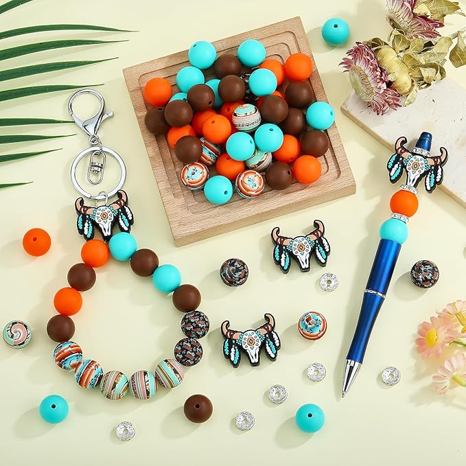 45 Pcs 15mm Silicone Beads Animal Focal Beads for Pens Printed Silicone Bead Bulk for Keychain Bracelets Making and Other Handmade Crafts(Bull Head)