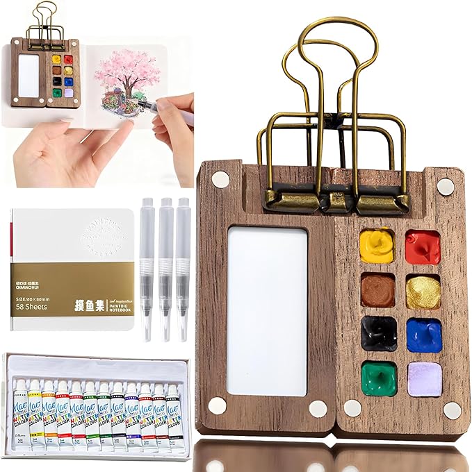 Mini Watercolor Paint Set Portable,Watercolor Palette, Travel Grid Paint Palette Box with Binder Clips Include 12 Colors Paint, Brush*3 and Picture Album Art Materials Coloring Markers (8 Grids)