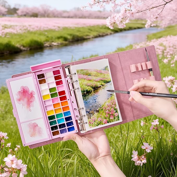 Travel Watercolor Sketchbook Set - 100% Cotton Cold Press 6.7x3.9 Inch Binder Art Journal with 36-Well Ceramic Paint Palette & 2 Travel Watercolor Brushes for Artists Outdoor Painting