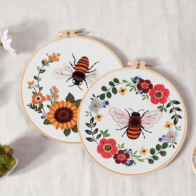 Fakindiy 4 Sets Embroidery Kit for Beginners, Bee Cross Stitch Set for Complete Starter Kit with Hoop, Threads, Needles & Tools,Hand Craft Gift for Lovers (ColorB-bee Pattern)