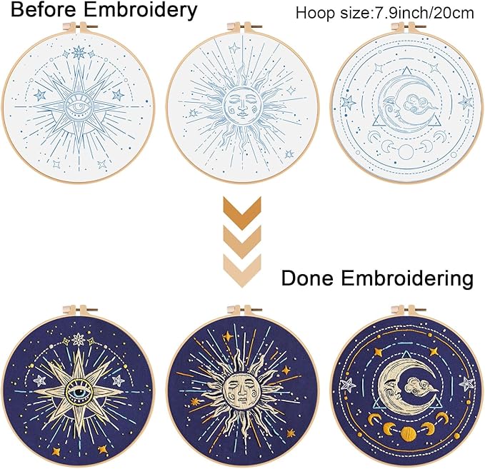 Louise Maelys 3 Set Tarot Embroidery Kits for Beginners,Cross Stitch Kit for Adults,Starters DIY Needlepoint Including Embroidery Cloth with Sun Moon Star Evil Eye Pattern and Instructions