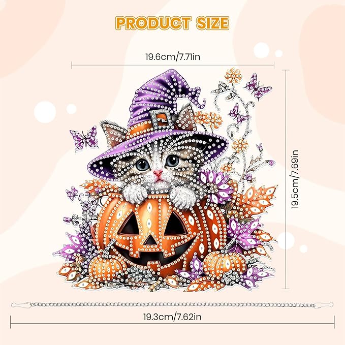 MOGTAA Cat Diamond Art Hanging Pendant Kits, Pumpkin Halloween Diamond Art Kits for Adults, 5D Special Shape Flowers Diamond Painting Gem Art for Home Garden Wall Decor