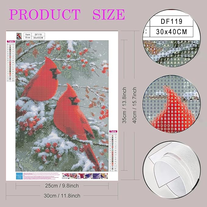 DIYDECORFUN 5D Diamond Painting Kits for Adults Beginner, Christmas Cardinal Diamond Art Kit with Full Round Drill,DIY Winter Red Birds Diamond Dots Gem Art for Decor Xmas Gift 16x12 Inch
