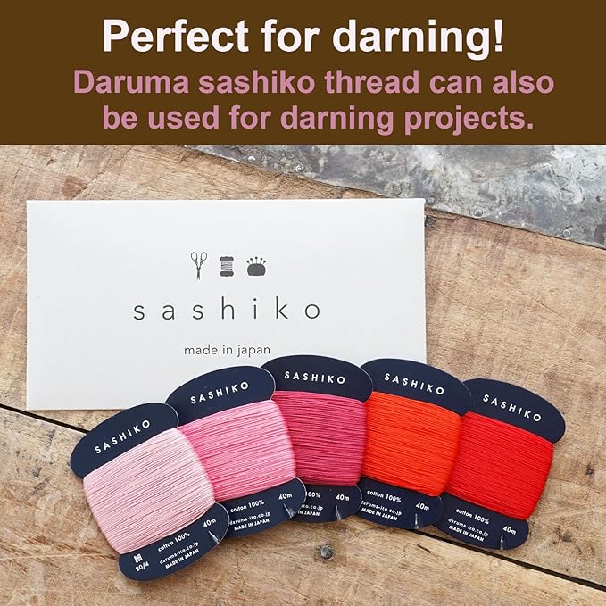 DARUMA Sashiko Thread 100% Cotton Card Type (43.7 yd) x 5 Colors with English Manual, Sewing & Embroidery Value Set with Gift Package(Thin, Hanafubuki)