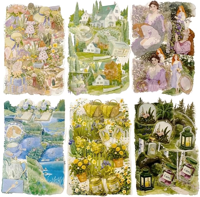 TIAMECH Pastoral Time PET Stickers - 120 Pcs Rural Residence Fence Lake Design, Waterproof Sticker for Journaling & Scrapbooking, Junk Journal Supplies, Ephemera & DIY Crafts