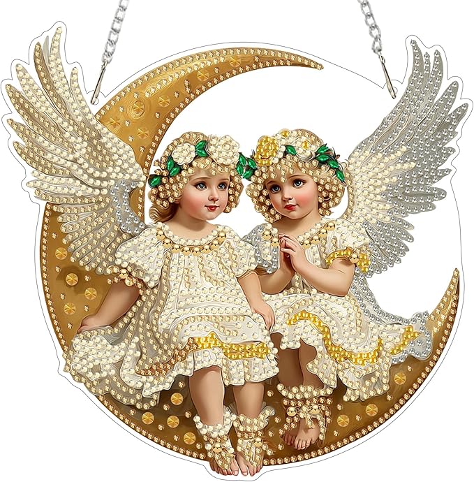 MXJSUA Moon Beautiful Angels Diamond Art Hanging Kits for Adults Beginners, Crystal Diamond Suncatchers, Special Shape Diamond Painting Pendant Window Ornament Gifts for Home Garden Door Wall Decor