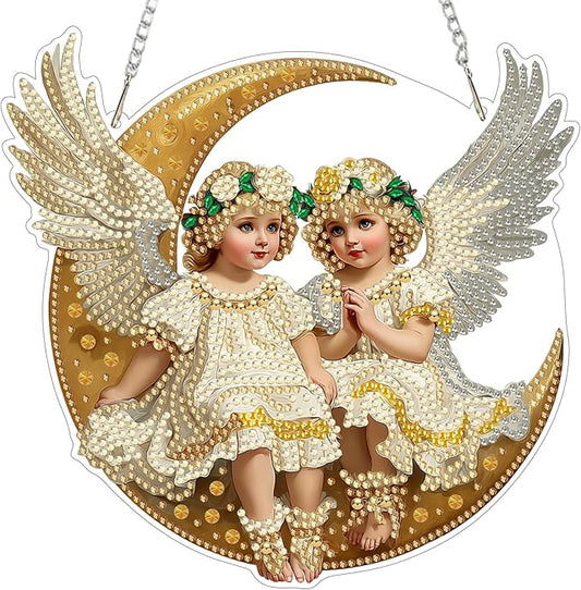 MXJSUA Moon Beautiful Angels Diamond Art Hanging Kits for Adults Beginners, Crystal Diamond Suncatchers, Special Shape Diamond Painting Pendant Window Ornament Gifts for Home Garden Door Wall Decor