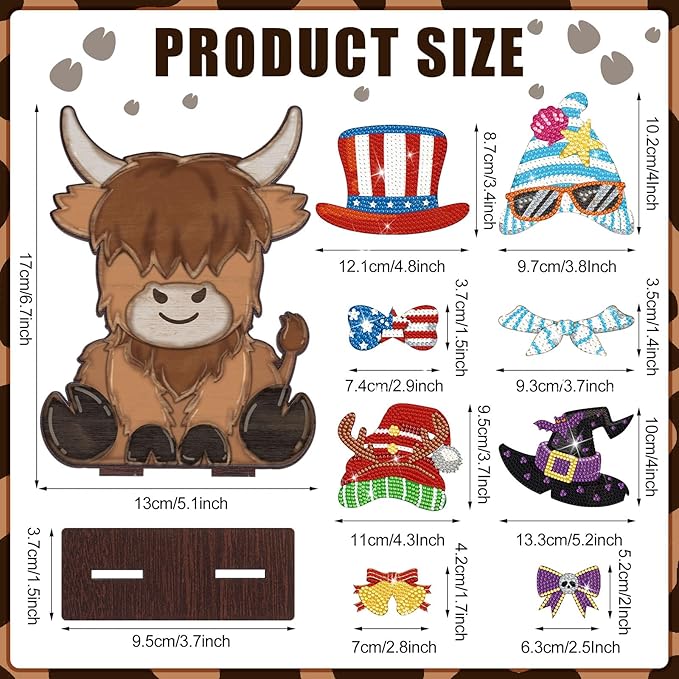 DoubleFill 42 Pcs Easter Diamond Kits St Patricks Day Interchangeable Wooden Table Decorations DIY Holiday Easter Party Seasonal Tiered Tray Art Decor Diamond Painting Magnets(Highland Cow)