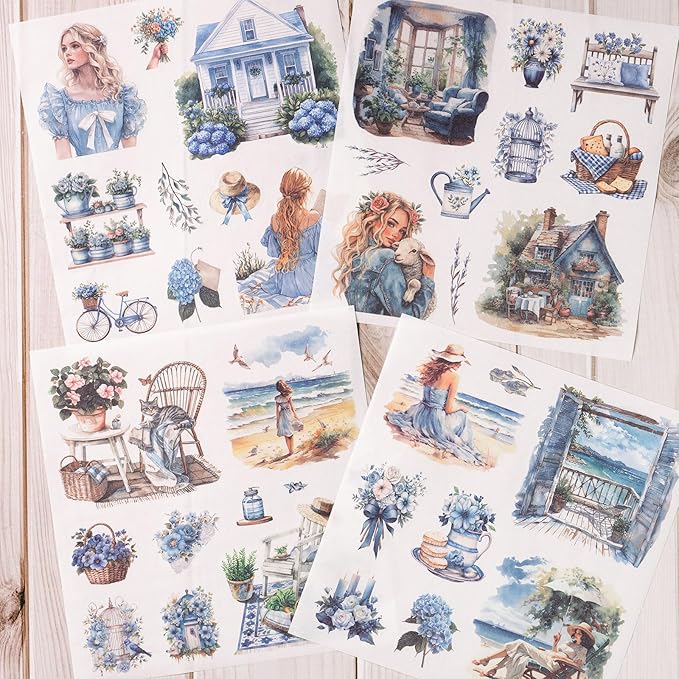 Garden Junk Journal Stickers, 50 Sheets Washi Journaling Sticker Book, Scrapbook Supplies, Watercolor Scrapbooking for Adults, Blue Decorative Ephemera Arts Craft
