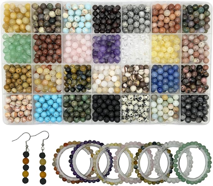 Yephac 1120pcs 6mm Natural Stone Beads, Round Crystals Bead Genuine Real Stones, Gemstone Beads Kit Charms for Bracelets Jewelry Making,Box Packed(28 Colors-1,6mm)
