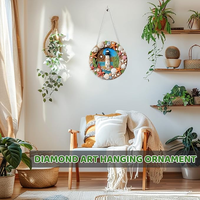 MEIYUDA Lighthouse Diamond Art Hanging Kits for Adult, Shell Starfish Wreath Diamond Painting Hanging Kits Ornaments, DIY Special Shaped Rhinestone Window Pendants Kit for Home Garden Wall Decor Gift