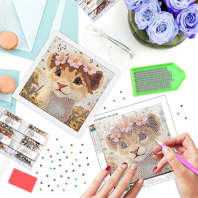 SENQAO Lion Diamond Art Kit for Adults with Frame Art and Crafts for Adults Ages 6-8 -10-12 Easy to DIY Diamond Art for Adults and Adult Beginners Home Wall Decoration 7.1x7.1inch