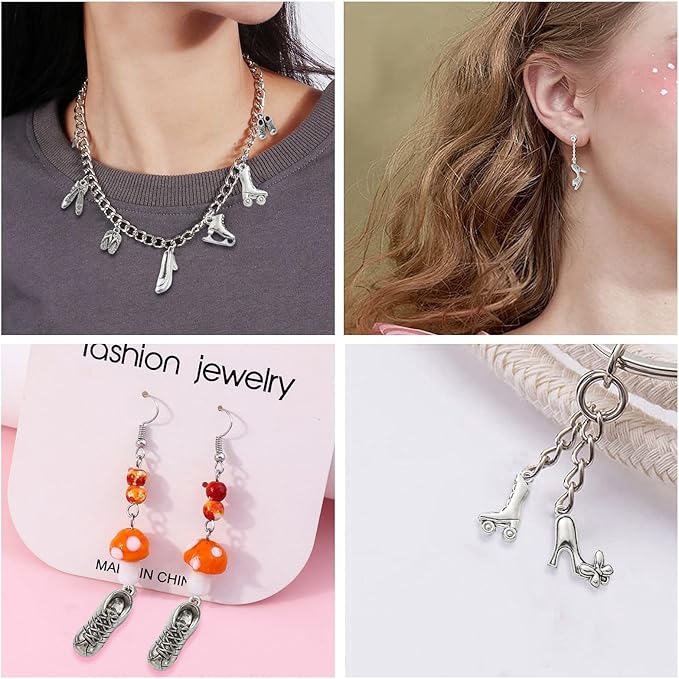 DanLingJewelry 120Pcs 12 Styles Tibetan Style High Heel Shoe Charms Boot Ballet Sneaker Shoes Charms for Jewelry Making Crafting