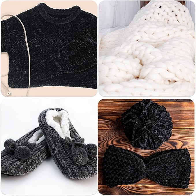 Xinnun 12 Skeins 1116 Yards Chenille Velvet Soft Thick Plush Yarn Bulk for Crocheting Knitting Blanket DIY Weaving Craft, 6mm, 3.5 Oz/Skein(Black)