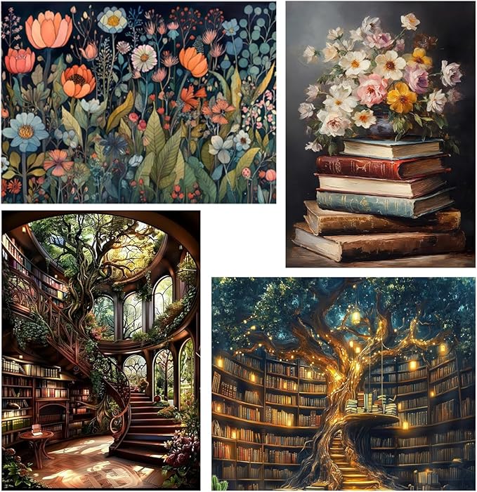 EIBEILI 4 Pack Diamond Painting Kits for Adults, 5D Diamond Art Painting, DIY Vintage Books Diamond Dots Art Kits, Full Round Drill Diamond Art Kits for Adults for Home Wall Decor, 12x16 inch