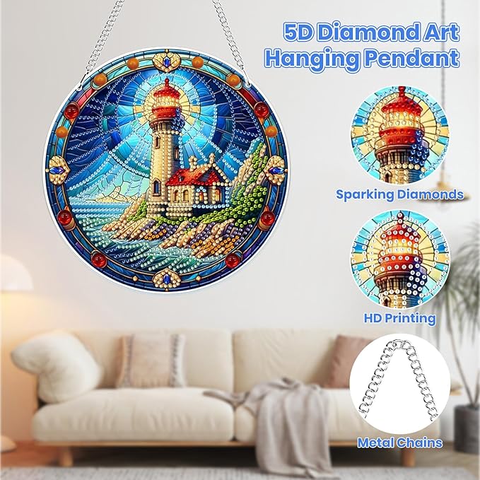 MOGTAA Hanging Diamond Art Painting Pendant Kits, 5D Lighthouse Diamond Art Kits for Adults, DIY Landscape Diamond Painting Kits Special Crystal Gem Art for Home Decor