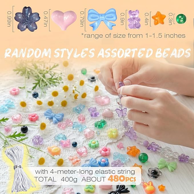 480Pcs Assorted Beads Bracelet Making Kit with String, 6 Colors Cute Stuff Acrylic Charms for Jewelry Making Crafts Kawaii Bow Star Flower Shaped Bead for DIY Keychain Bag Lipgloss Charms