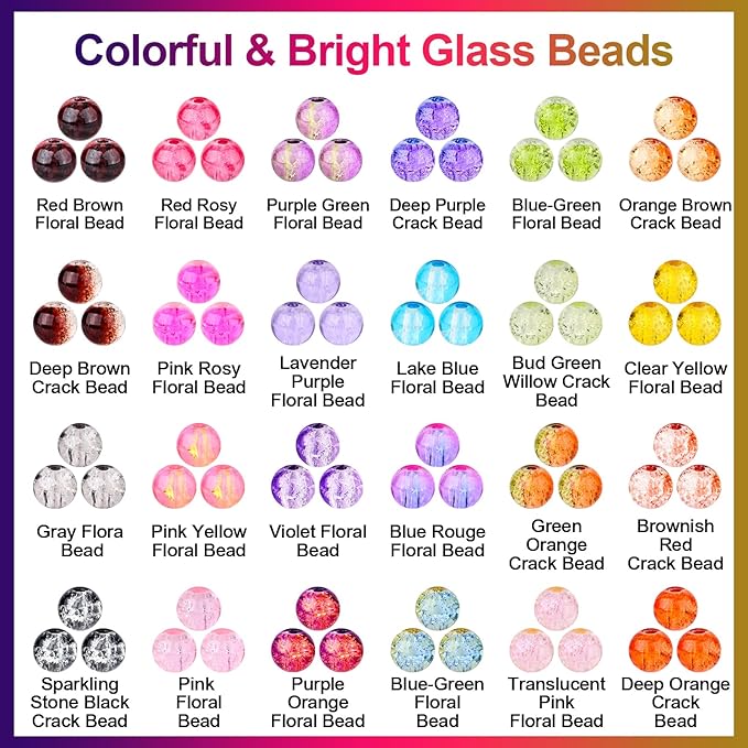 XSEINO About 1200+ PCS 6mm Cracked Style Glass Beads Bracelet Making Kit, 24 Assorted Colorful Crack Series Crystal Beads for Jewelry Making and DIY Crafts, Friendship Bracelets