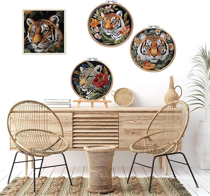 LB 4 Pack Wildlife Animal Leopard Embroidery Kit for Beginners Green Leaf Beginner Embroidery Kit for Adults DIY Starter Kit with Embroidery Hoop Colorful Threads Tools Step by Step Instructions